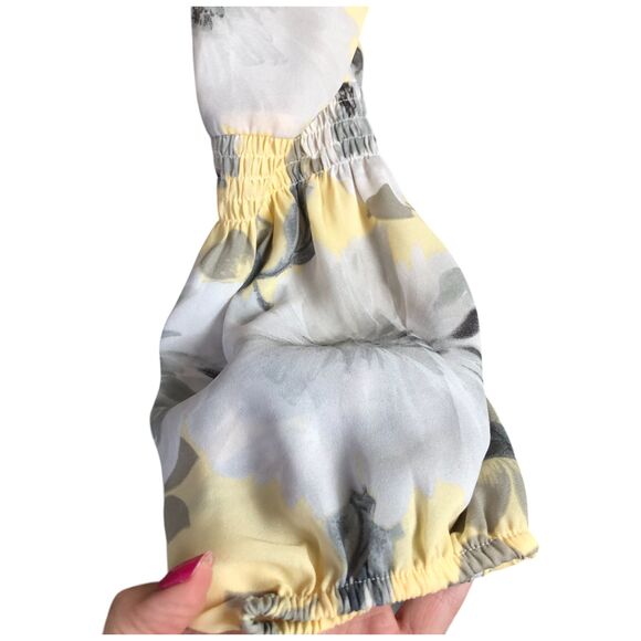 Seoni  Yellow and‎ Gray Floral Long Sleeve V-Neck Blouse  Top Size M - Picture 2 of 7